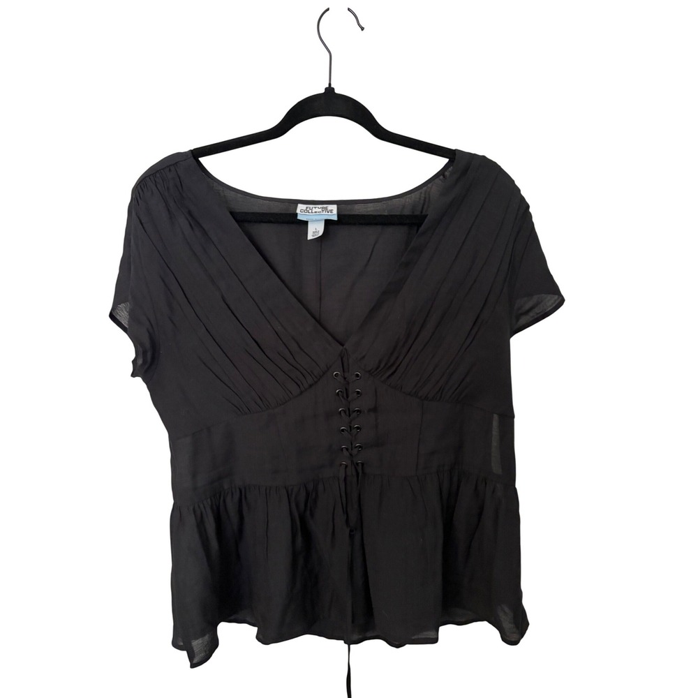 Future Collective Reese Blutstein Black‎ Lace Up Peplum Top V-Neck Blouse Large